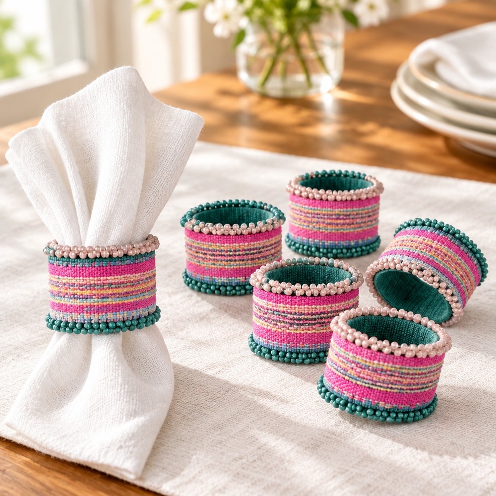 Set 6 Pastels Striped & Plaid Design Beaded Fabric Napkin Rings The Spring Shop